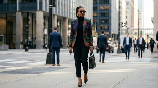 A Black businesswoman in executive attire walking on a city street, wearing a structured emerald and indigo Ankara print blazer over a black roll-neck sweater, tailored black cigarette trousers, black pointed heels, sung