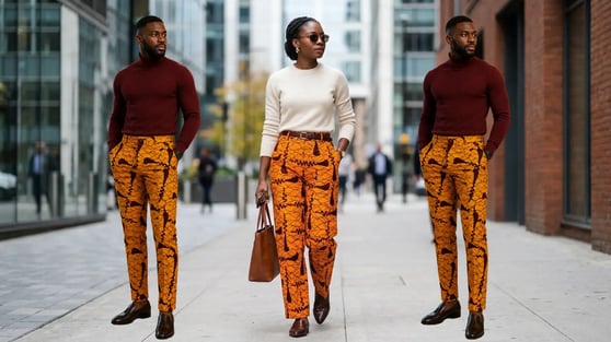 A man in a burgundy turtleneck sweater and a woman in an off-white sweater, both wearing tailored vibrant orange and brown Ankara patterned trousers on a city street.