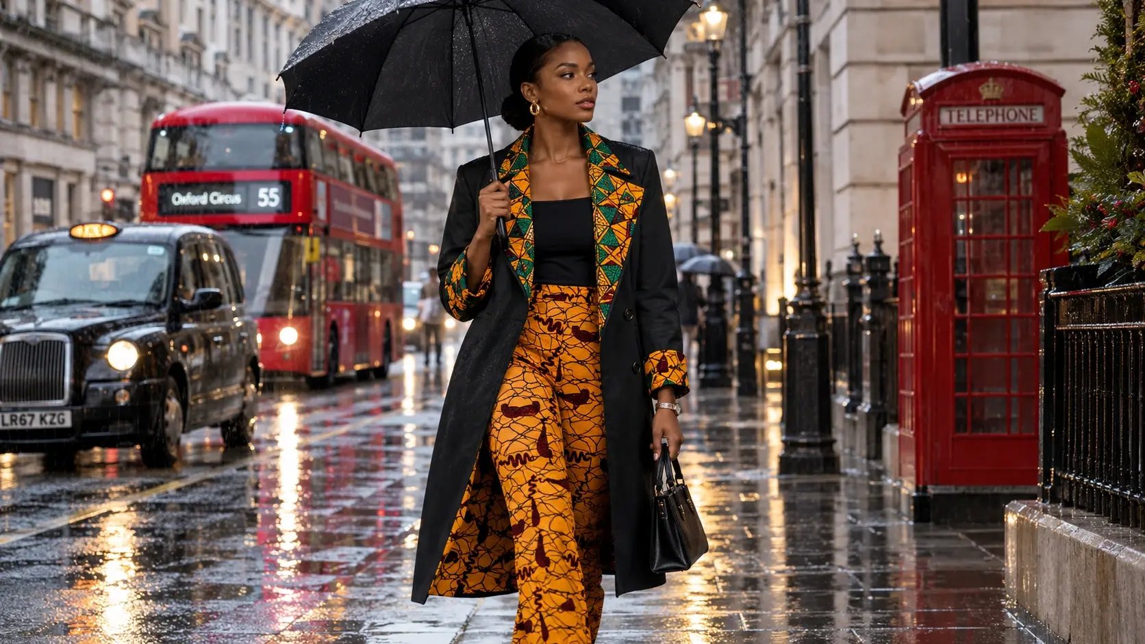 A stylish Black woman holding a black umbrella on a rainy London street, wearing bright orange Ankara trousers paired with a black coat featuring geometric patterned lapels and cuffs.