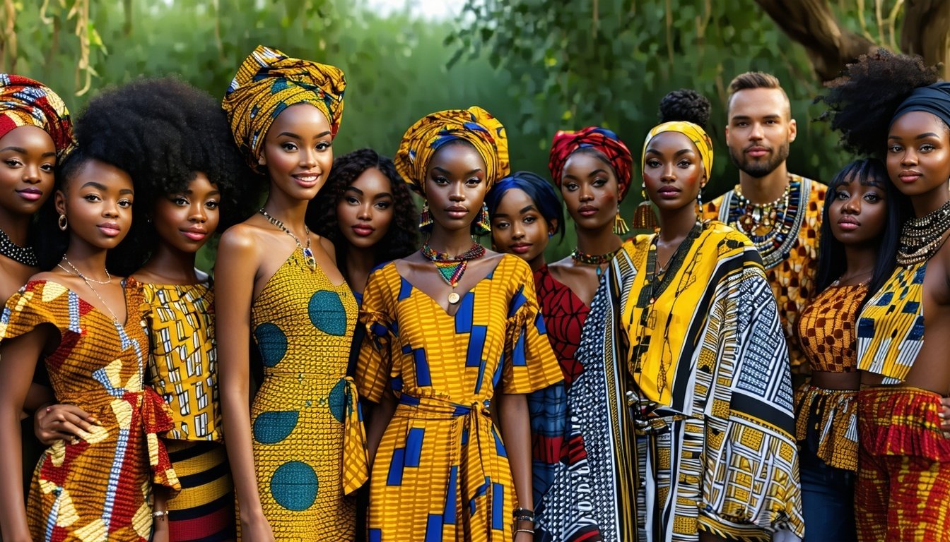 Group of diverse individuals wearing stylish African print outfits abroad