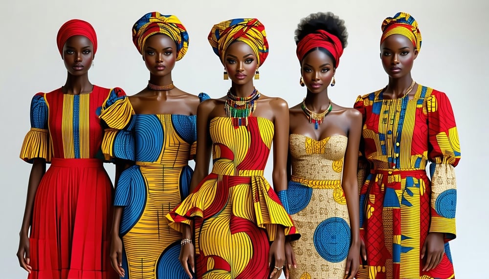 Vibrant African print outfits modeled by diverse individuals Vibrant African print outfits modeled by diverse individuals