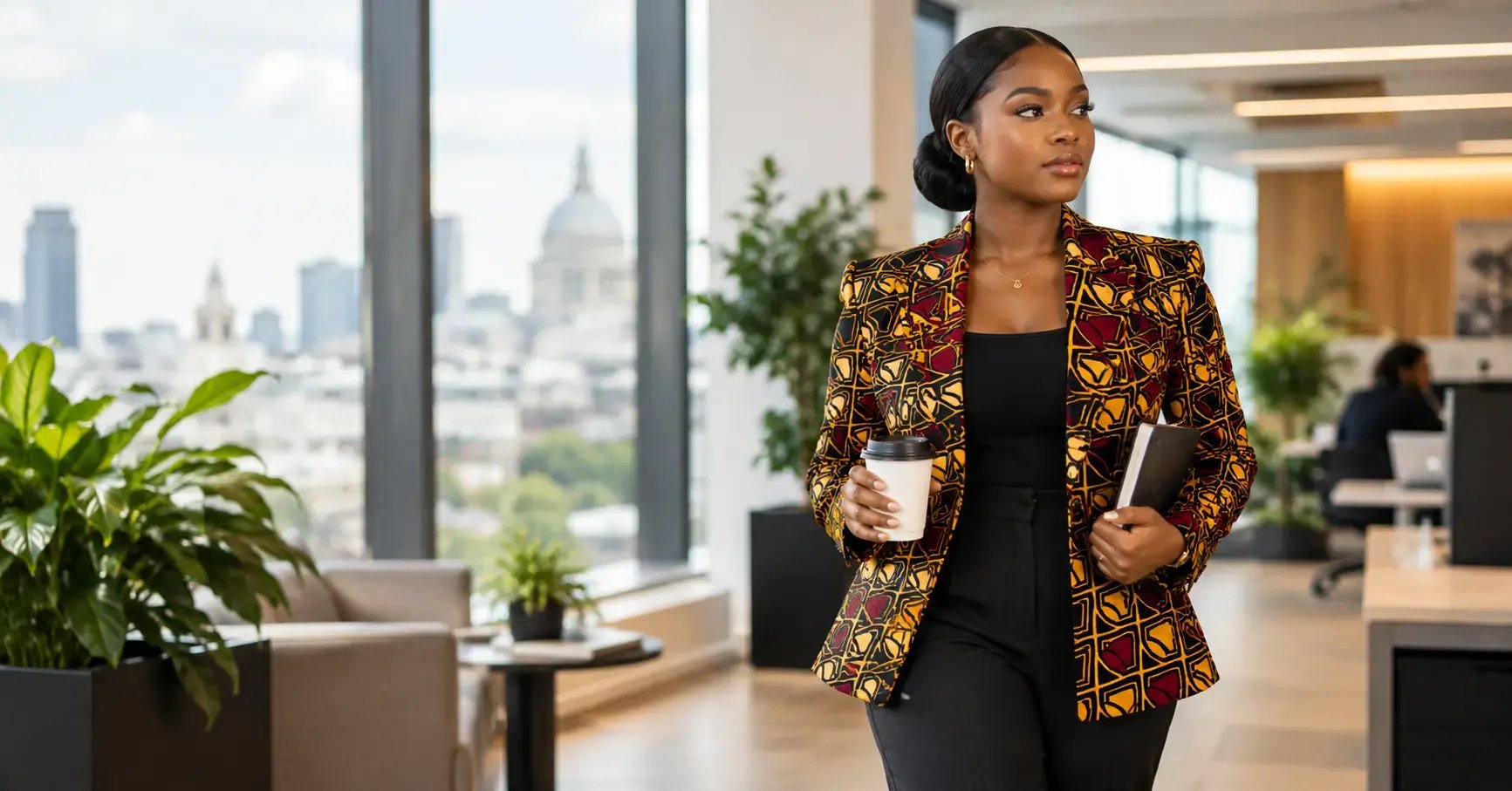 African professional woman wearing a tailored Ankara print blazer in a UK office setting, styled for smart business casual workwear