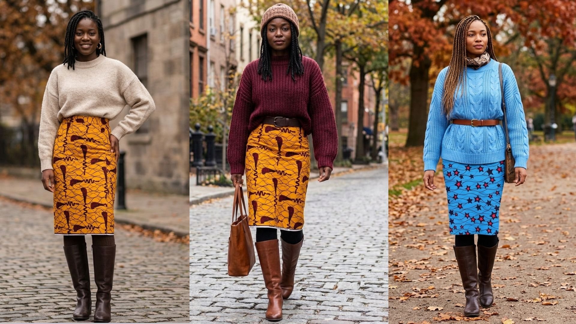 Ankara MidiMaxi Skirt with Boots and a Chunky Knit