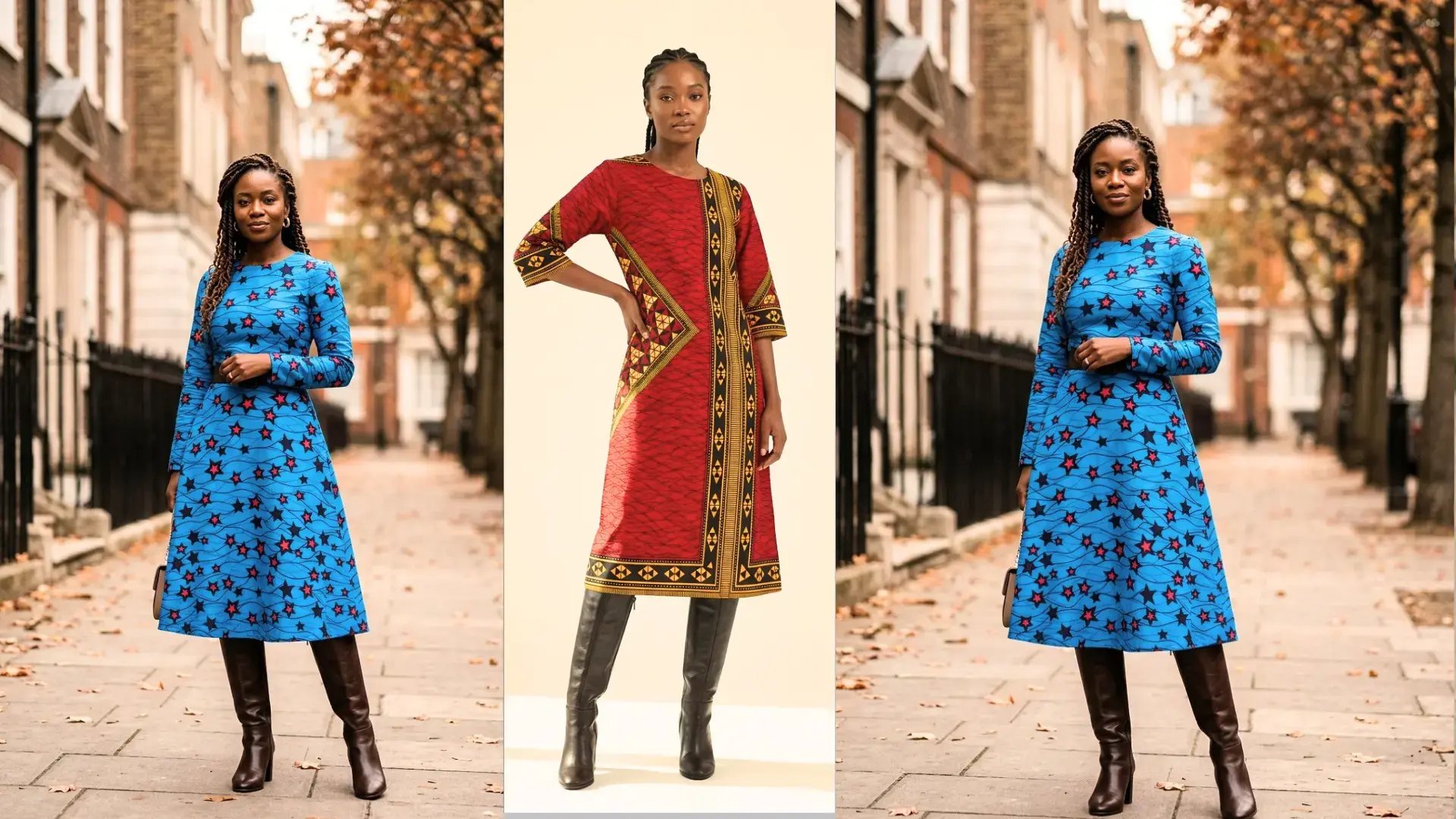 Black women modeling midi-length Ankara dresses paired with dark leather knee-high boots for autumn street style.