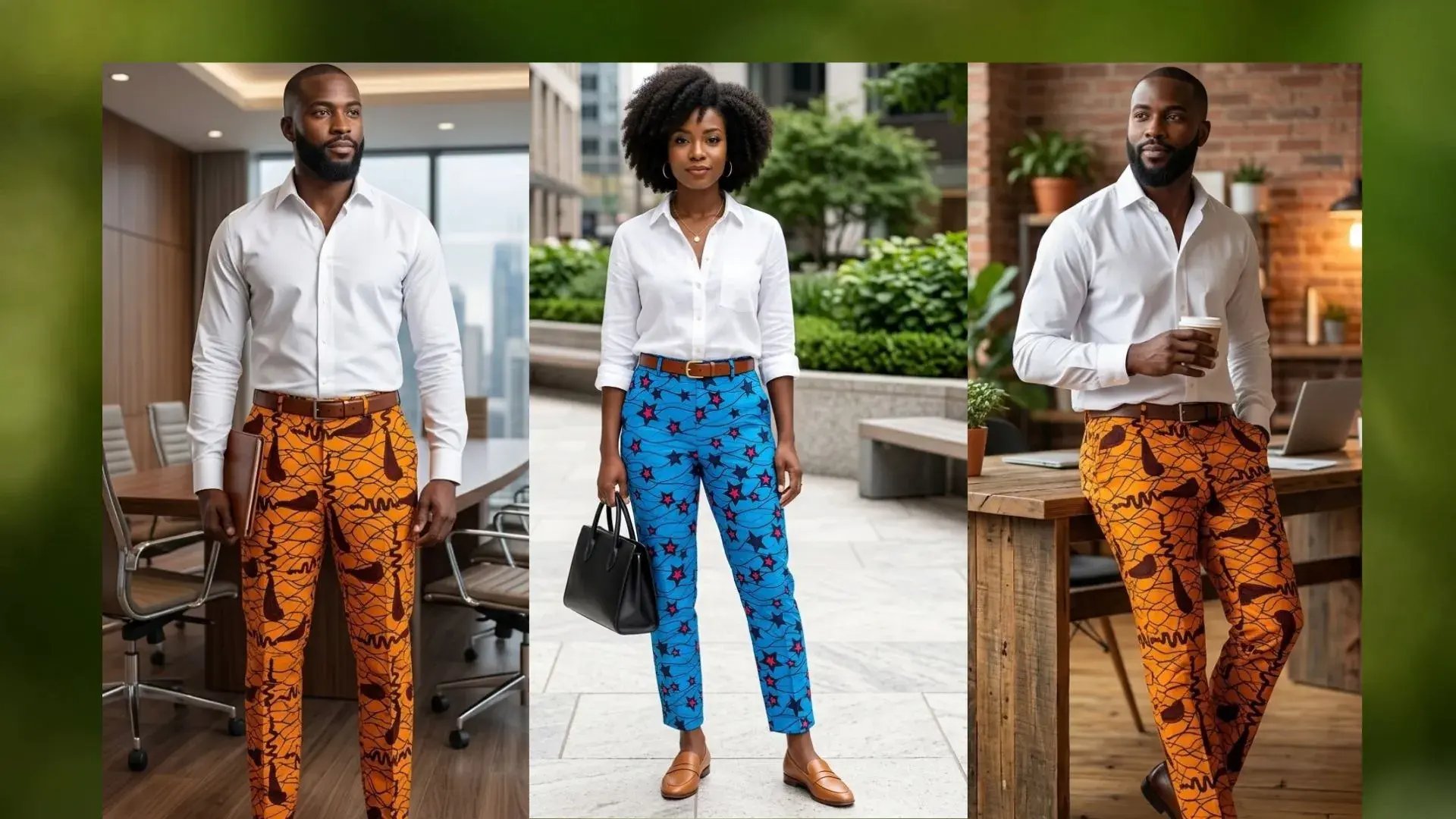 A collage of professional African print fashion showcasing modern business casual outfits. Includes men wearing orange Ankara trousers in corporate and rustic office settings, and a woman wearing blue star pattern African print pants outdoors, all paired with white button-down shirts.