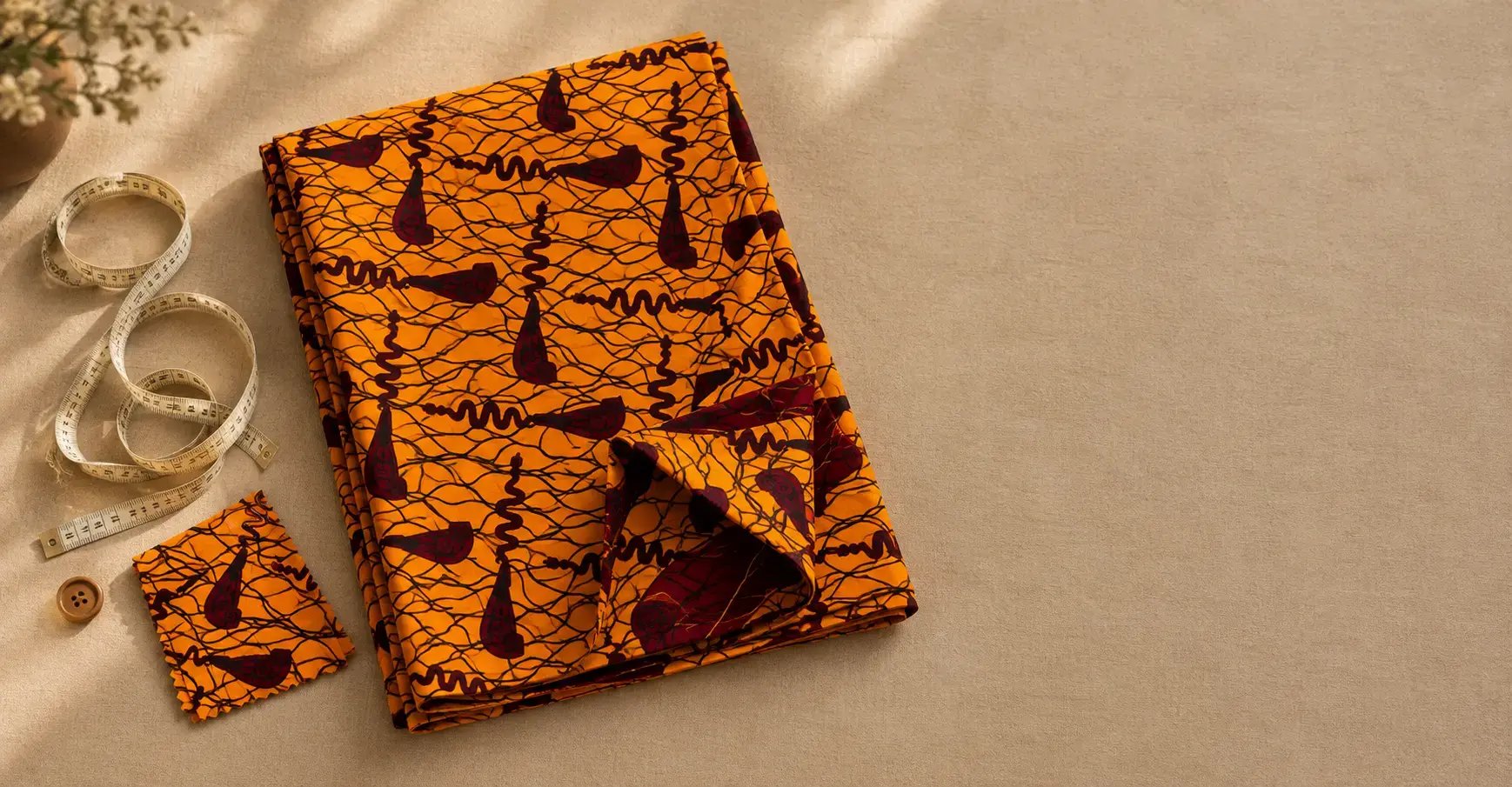 Folded authentic Ankara wax-print dress with a measuring tape, styled flatlay for UK dress sizing and fabric guide