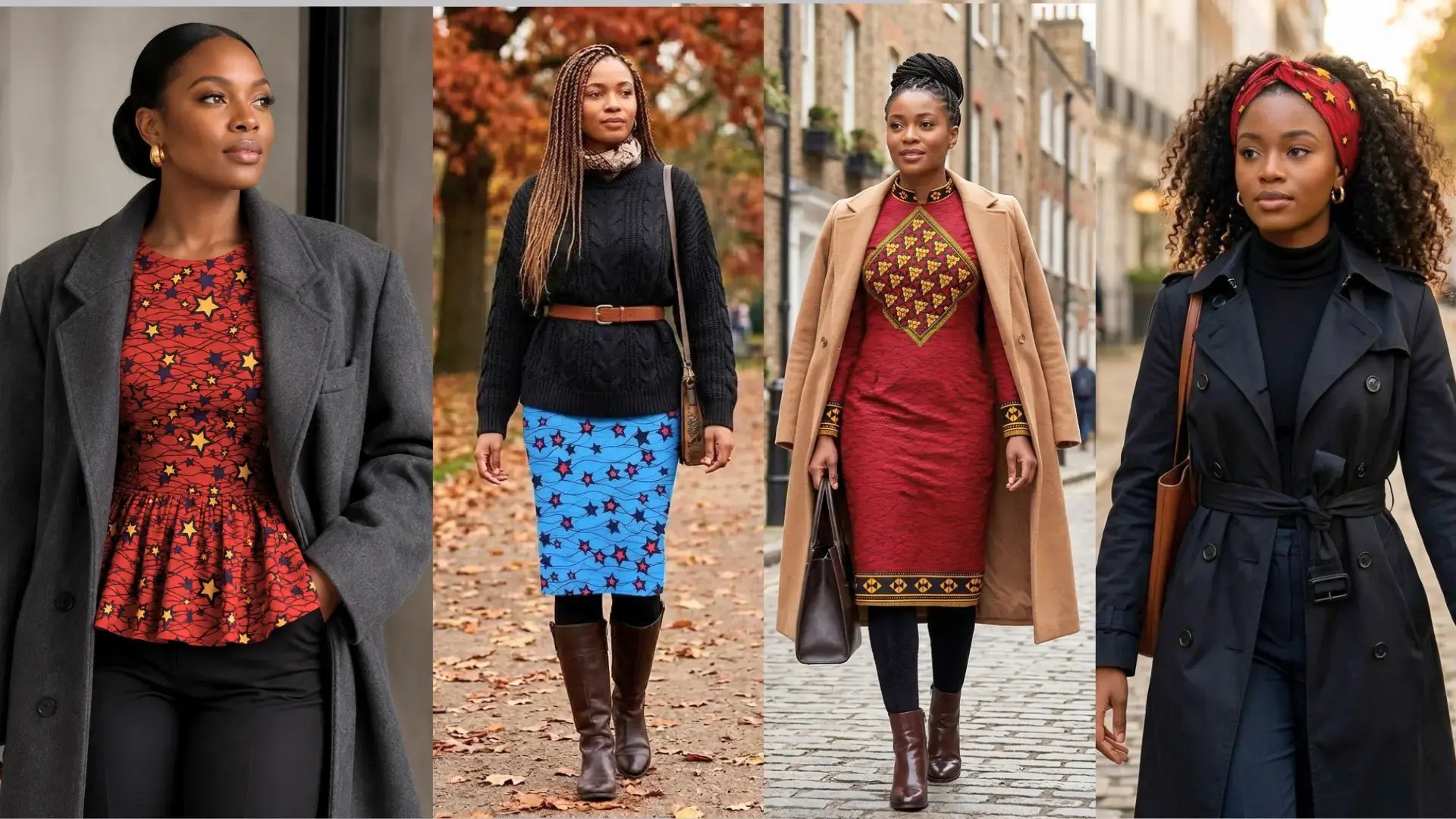 Four women demonstrating winter layering techniques with Ankara printed textiles, featuring African print garments styled with heavy winter coats, knit sweaters, and boots for cold weather.