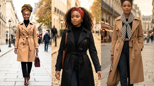 Three Black women styled in cold-weather fashion wearing trench coats paired with a printed headwrap, a patterned headband, and a checkered neck scarf on European city streets.