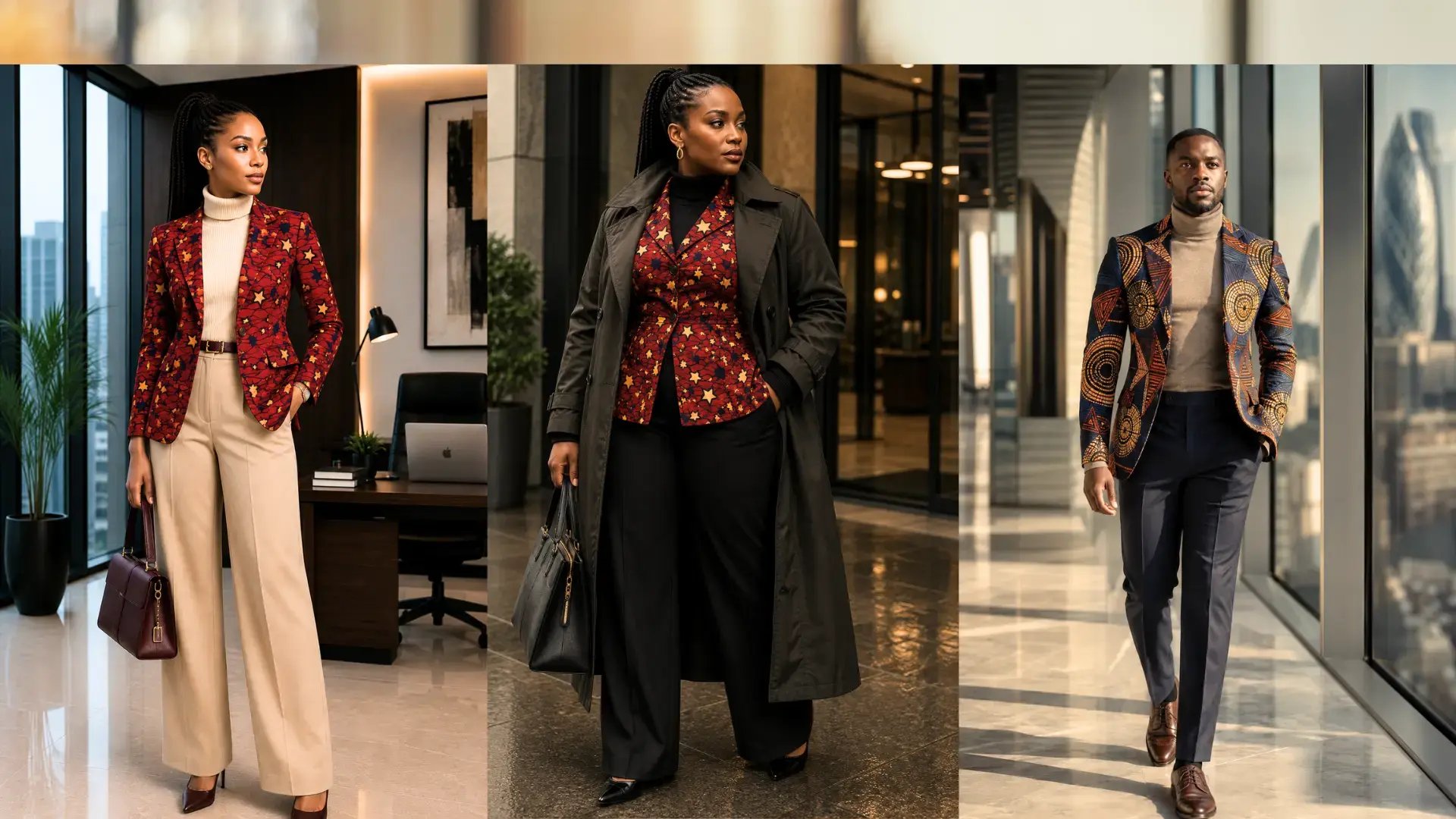 Three professionals showcasing Ankara corporate wear and winter layering techniques, featuring African print blazers and overcoats styled as boardroom apparel.