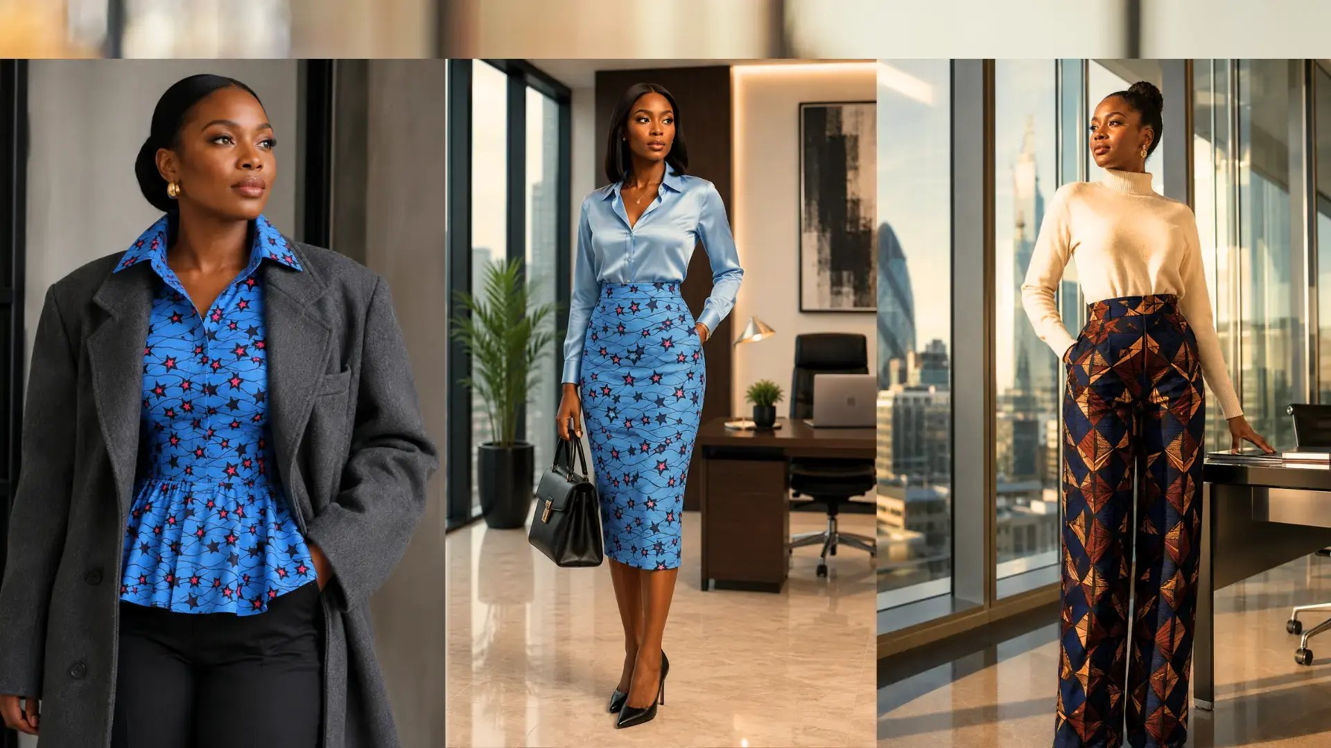 Three women modeling Ankara garments styled for professional settings, featuring winter layering techniques with African print tops, pencil skirts, and wide-leg trousers in a modern office.