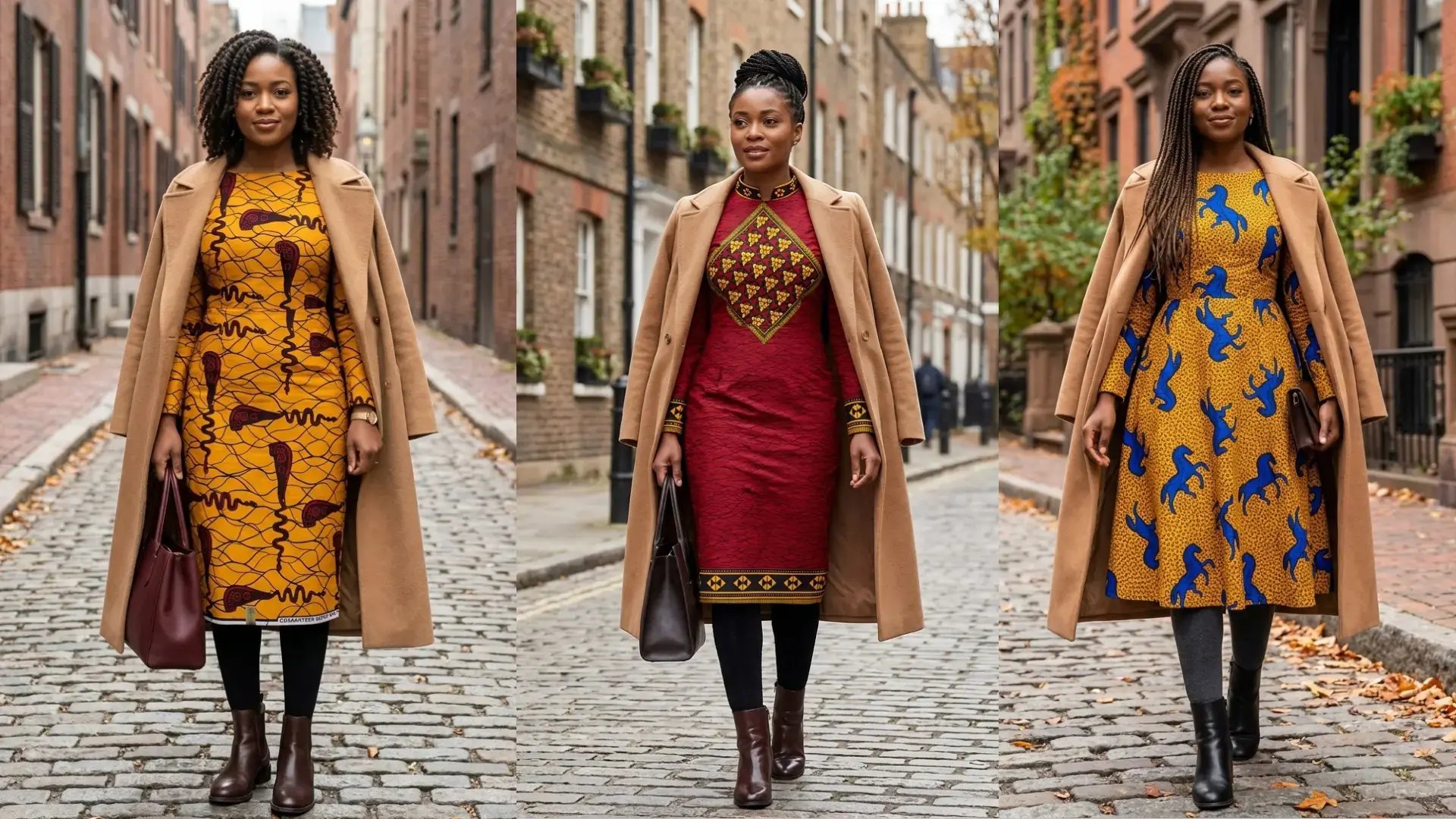 Three women walking outdoors, modeling winter styling for vibrant Ankara print dresses layered under classic camel coats with dark tights and boots.