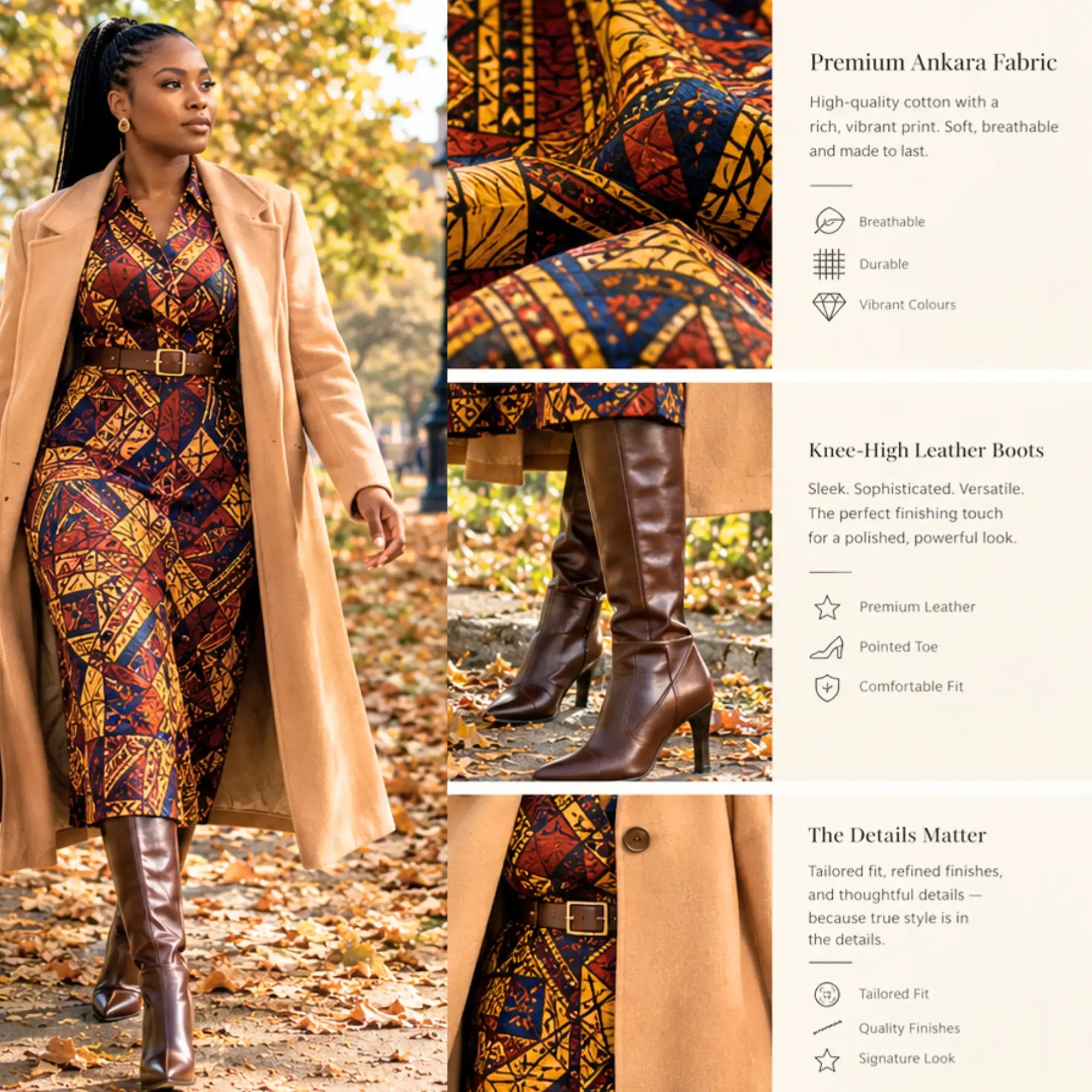 Woman wearing a vibrant autumn-toned Ankara wax print midi dress styled with dark leather boots and opaque tights for UK cool-weather fashion