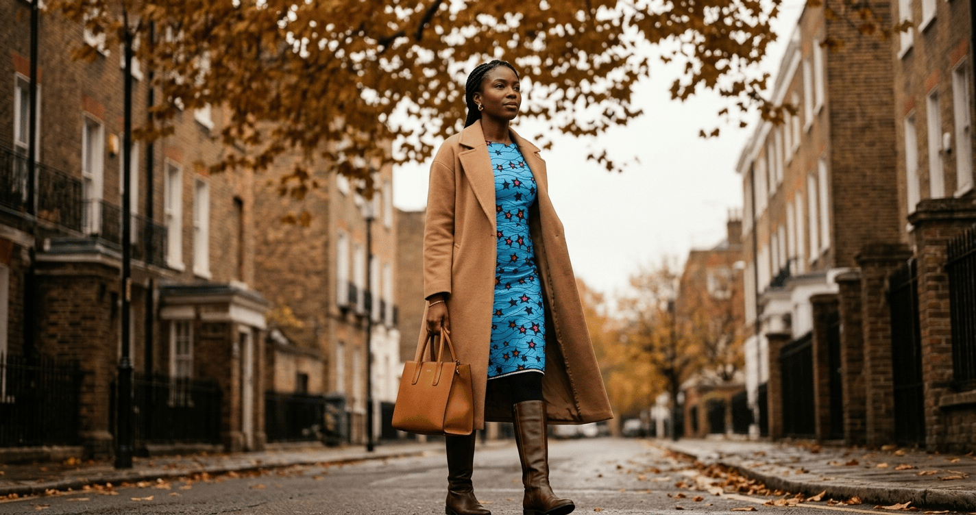 Woman wearing an Ankara midi dress with a camel coat and knee-high boots, styled for UK autumn office workwear