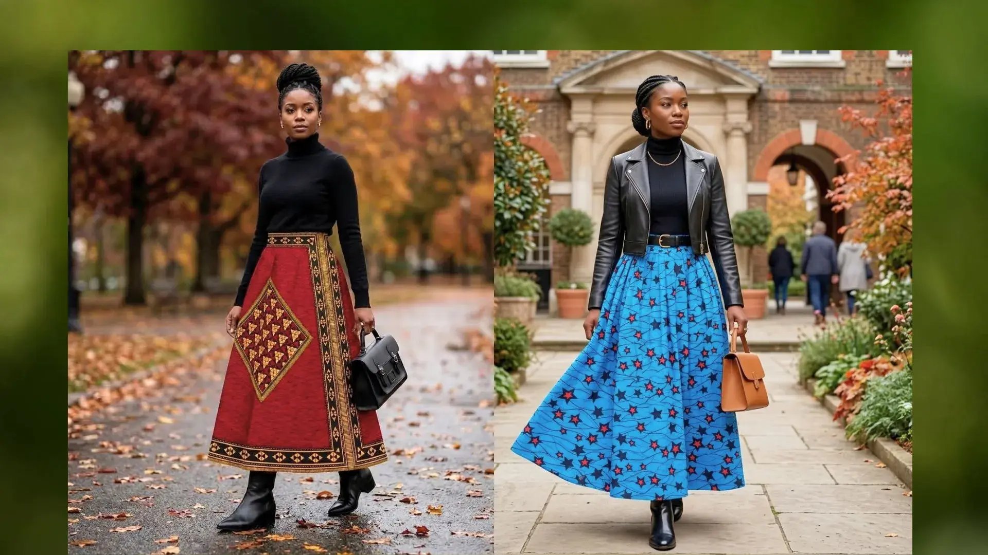A side-by-side fashion comparison showcasing a Black woman modeling two distinct modern African print skirts for autumn. The left outfit features a long red A-line skirt with a gold geometric Kente-inspired pattern paired with a black turtleneck and satchel. The right outfit features a flowing blue Ankara skirt with a red and navy star print, styled with a black leather biker jacket and a tan handbag. Both women wear braided hair buns and black ankle boots in autumn park and city settings