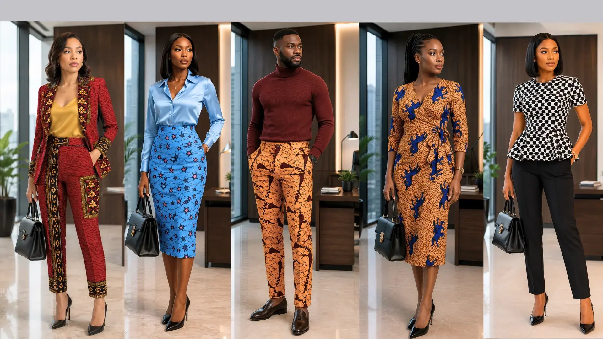 Professional wearing a tailored Ankara wax print midi dress and structured blazer, styled for a seamless transition from a corporate boardroom to a weekend brunch.