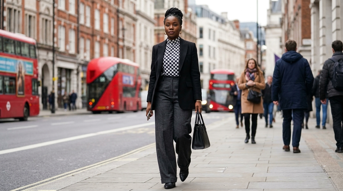 A Black businesswoman walking on a London street wearing a high-neck black and white patterned Ankara blouse, tucked into charcoal grey wide-leg wool trousers, with an open black single-breasted blazer, dark boots, and carrying a black leather handbag.