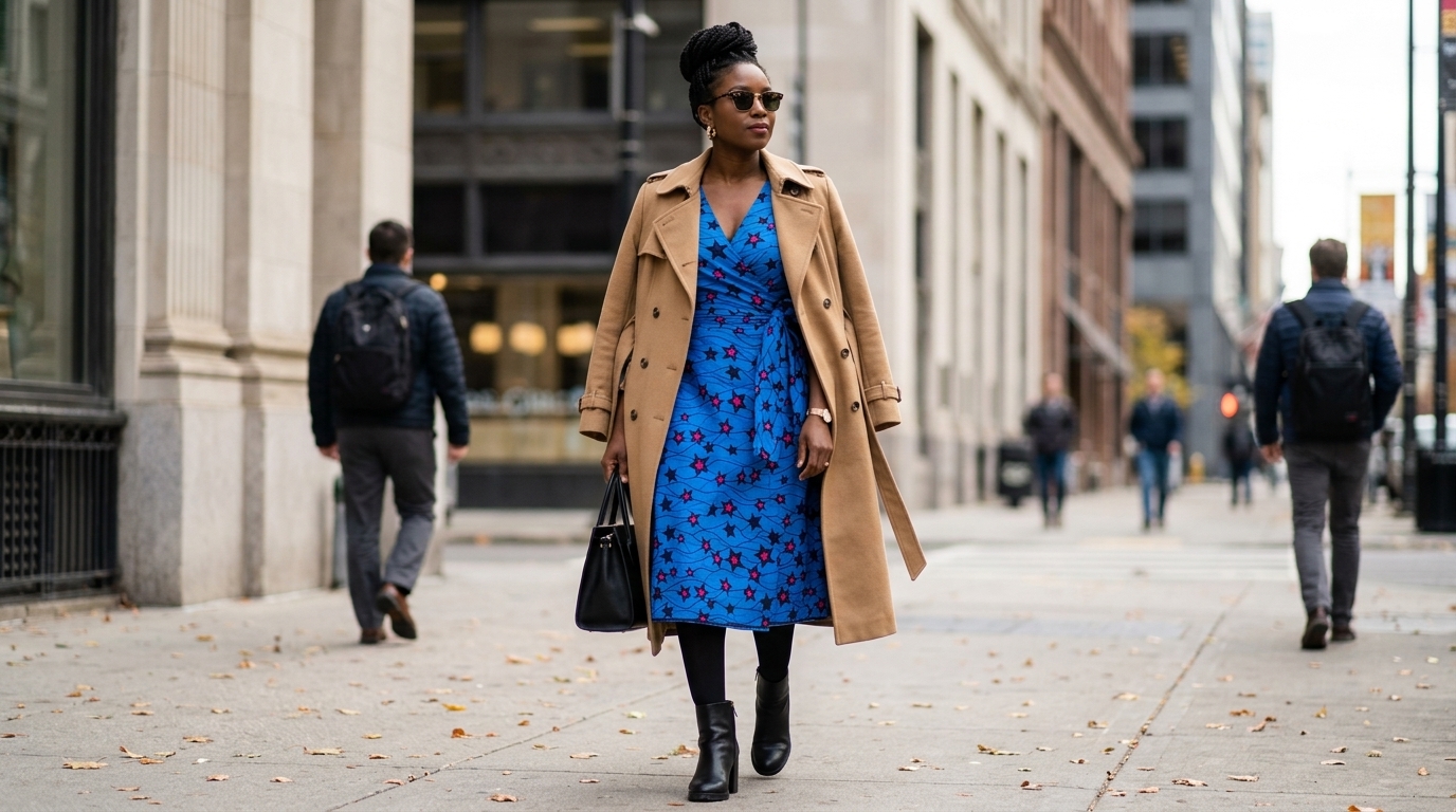 A confident Black woman walking on a city sidewalk during a cool day, wearing a vibrant blue Ankara star-patterned wrap dress under an open, classic camel trench coat, paired with black tights, block-heel ankle boots, and carrying a black leather handbag.