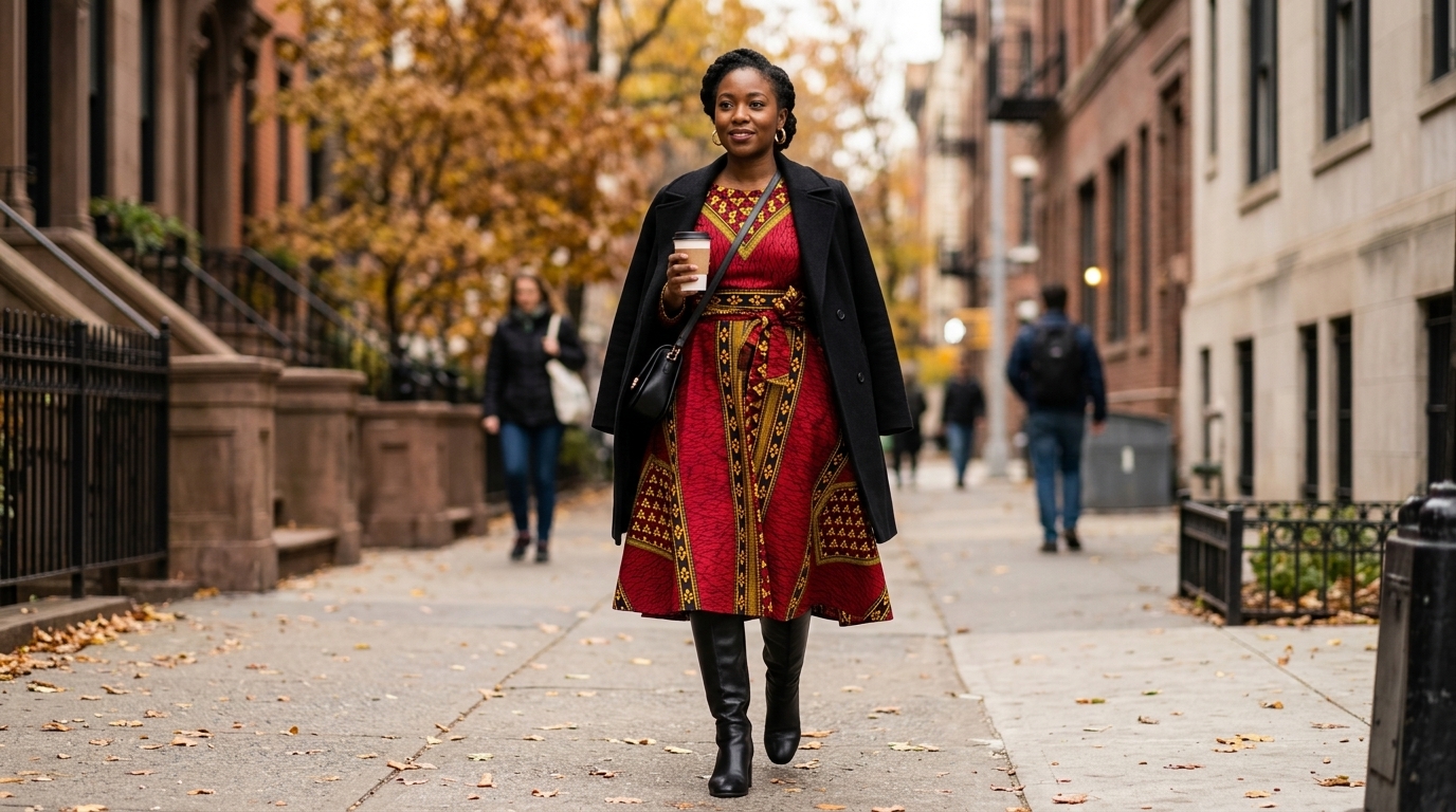 A stylish Black woman walking down a leaf-lined autumn street wearing a structured red and gold geometric Ankara midi dress, black opaque tights, black leather knee-high boots, and a black wool coat draped over her shoulder