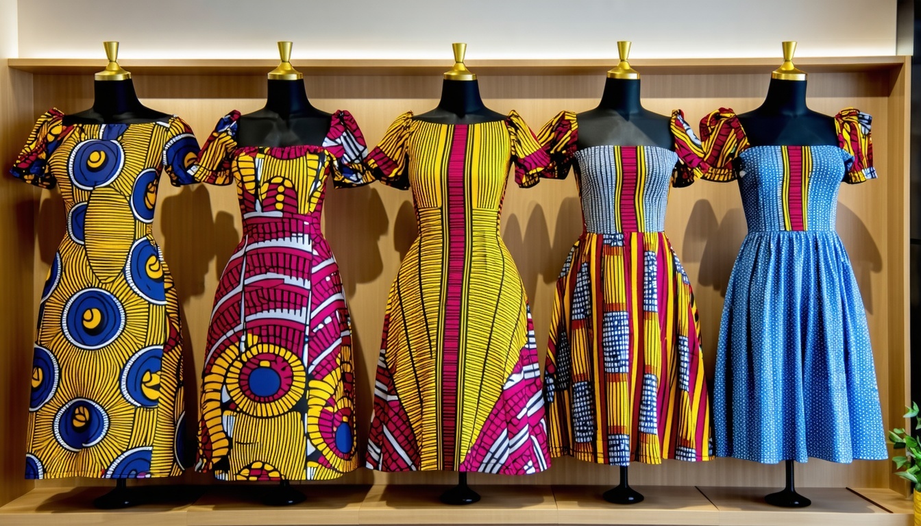 Vibrant African print dress displayed on a mannequin