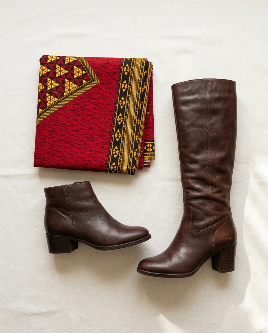 Ankle boots with a low heel and knee-high boots with a higher heel shown beside Ankara print fabric, illustrating how heel height changes outfit silhouette.