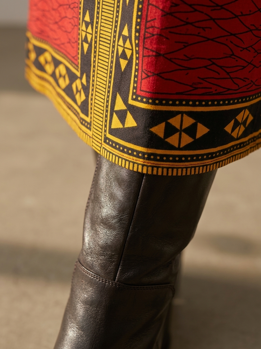 Close-up of an Ankara midi dress hem falling neatly at the top of a knee-high boot, illustrating correct proportion between hemline and boot height