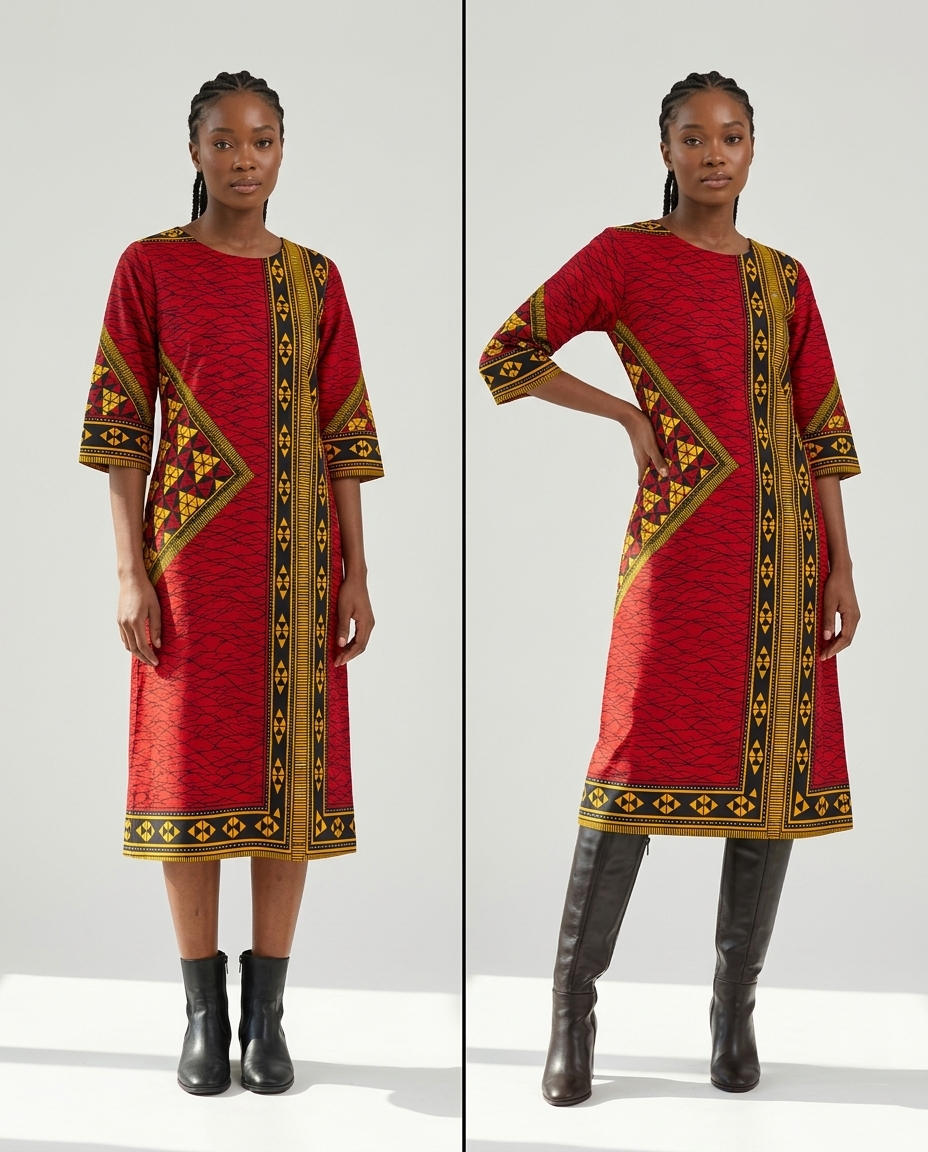 Comparison of an Ankara midi dress styled with a visible gap above ankle boots versus a hem skimming knee-high boots, showing the effect of proportion on outfit polish
