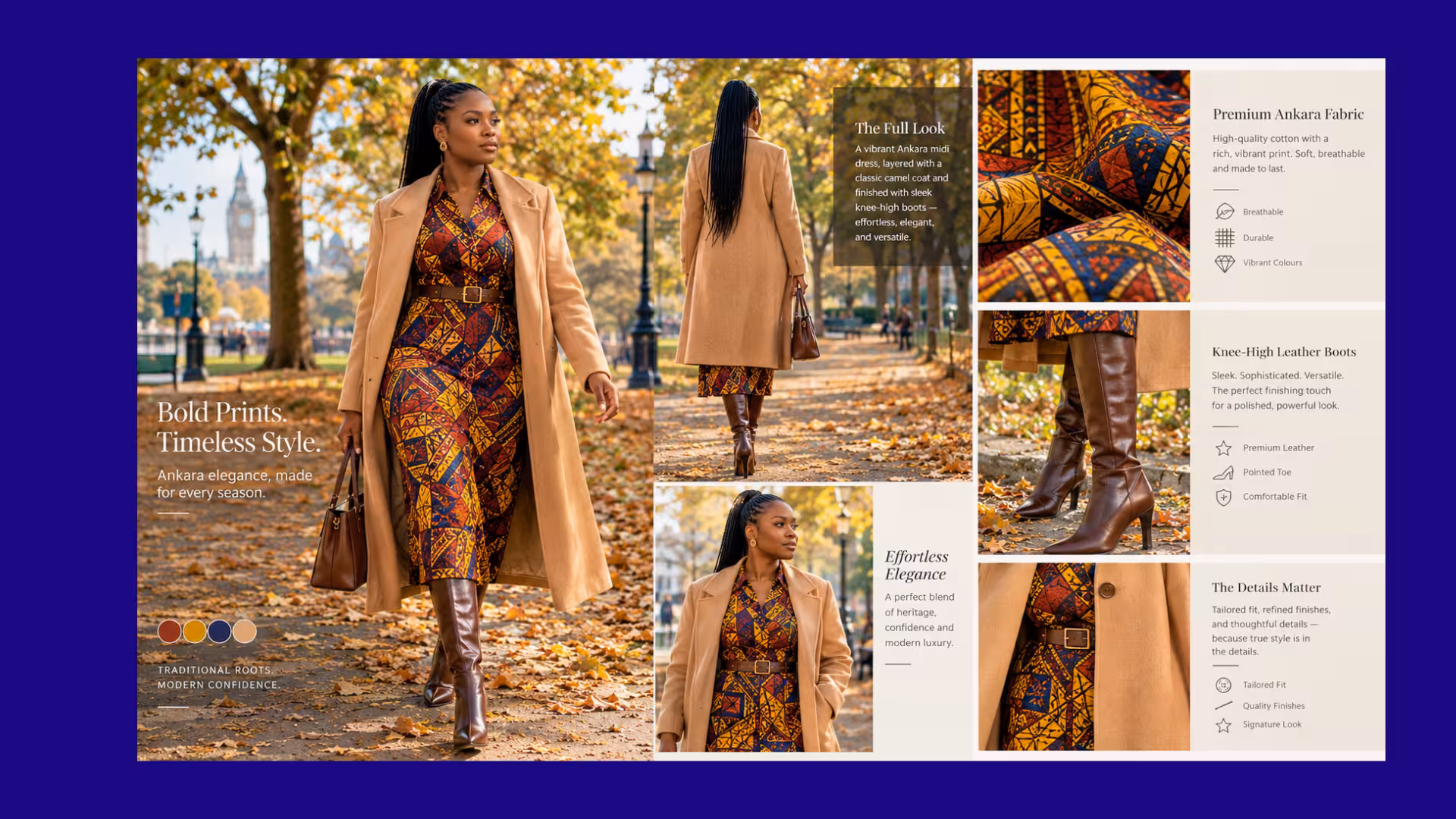 Long-sleeved African print midi dress with rich warm geometric patterns paired with dark knee-high leather boots for a UK autumn corporate look