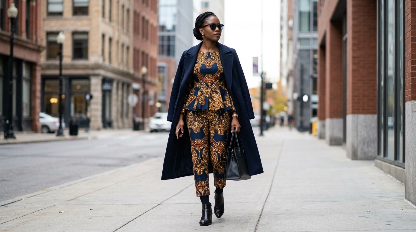 A stylish Black woman walking along a city sidewalk wearing a matching navy and gold Ankara co-ord set with a peplum top and cigarette trousers, layered under an open full-length dark navy wool coat, paired with black pointed-toe leather ankle boots, sunglasses, and a black leather handbag.