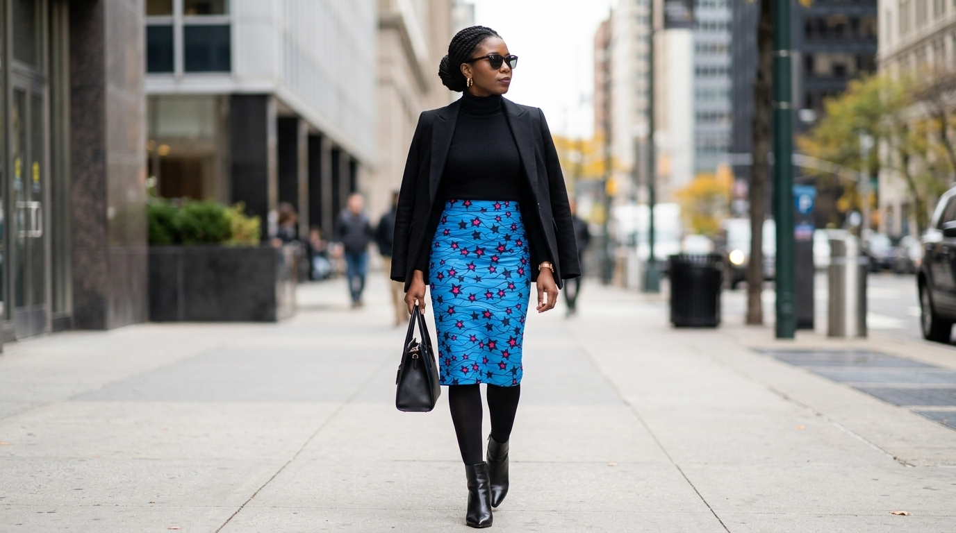 A stylish Black woman walking along a city sidewalk wearing a high-waisted, vibrant blue Ankara pencil skirt with a star pattern, a fitted black thermal turtleneck, opaque black tights, black pointed-toe leather ankle boots, a black blazer draped over her shoulders, and carrying a leather handbag.
