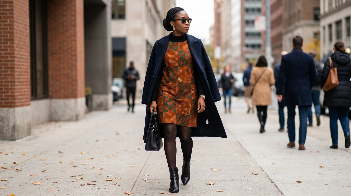 A stylish Black woman walking along a city sidewalk in autumn wearing a geometric patterned orange and green Ankara shift dress layered over a tight black long-sleeve top, paired with black opaque tights, black leather pointed-toe ankle boots, an open dark navy wool coat, and carrying a black leather handbag