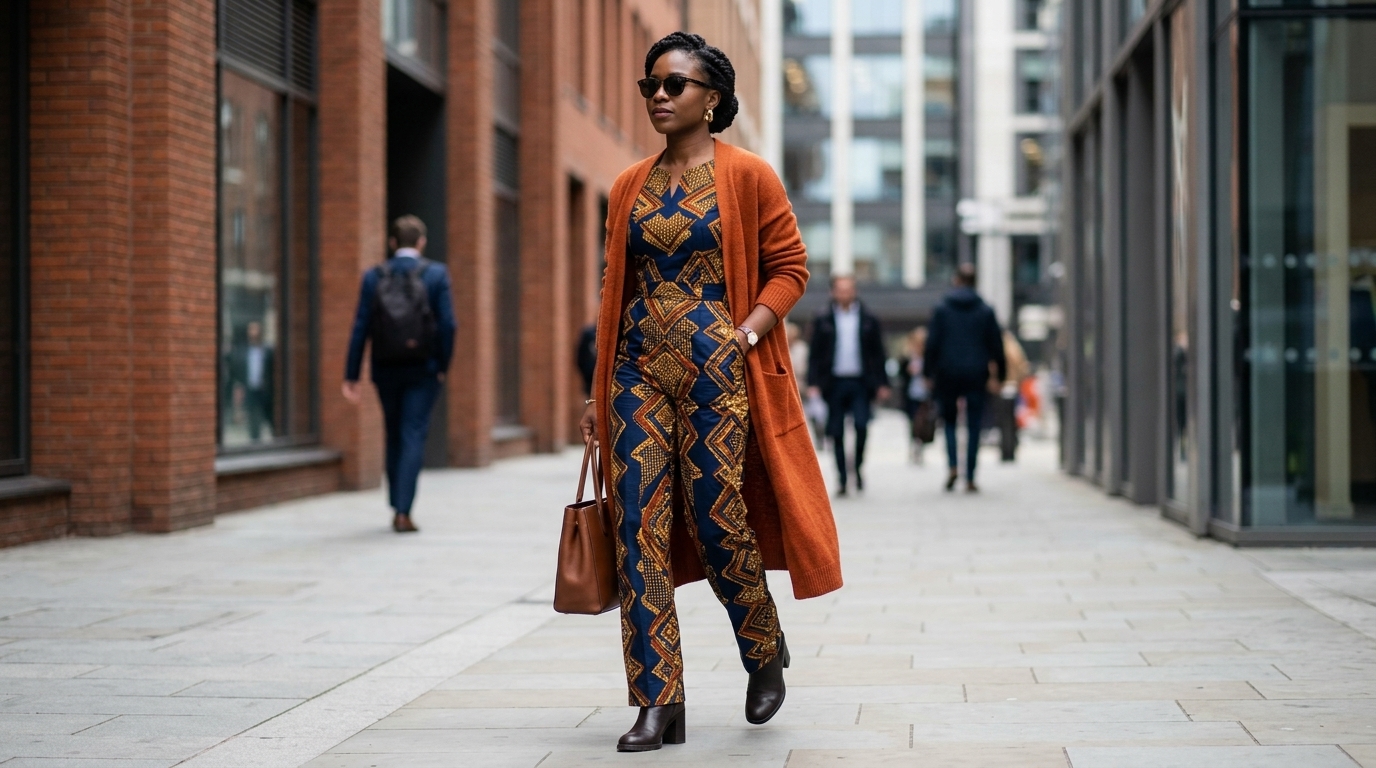 A stylish Black woman walking down a city sidewalk during a cool day, wearing a tailored navy and gold Ankara jumpsuit, layered with a cozy, open burnt orange longline merino wool cardigan, paired with dark leather block-heel boots, sunglasses, and carrying a brown leather tote bag